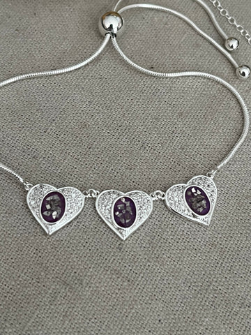 3 Heart Cubic Zirconia slider bracelet for ashes