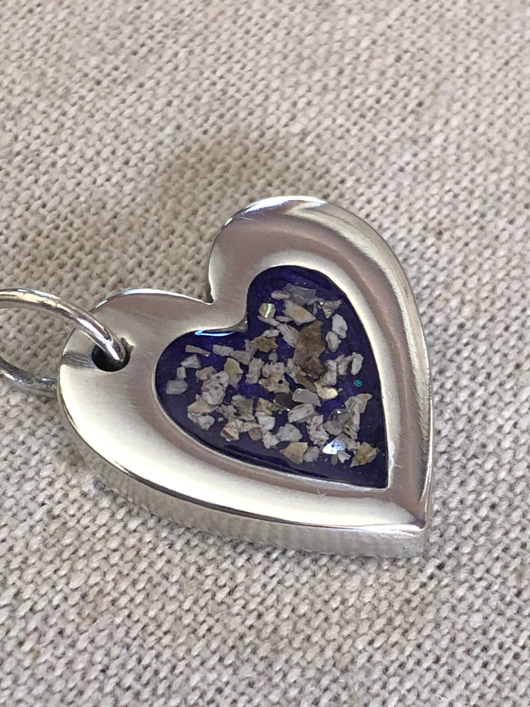 Bespoke double sided ashes set in resin heart pendant with fingerprint on the reverse